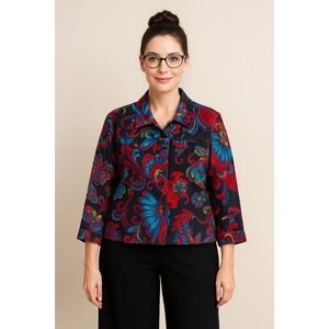 Chico's Boho Artsy Jacket Women 1 Med Black Multicolor Floral Print Cotton Blend